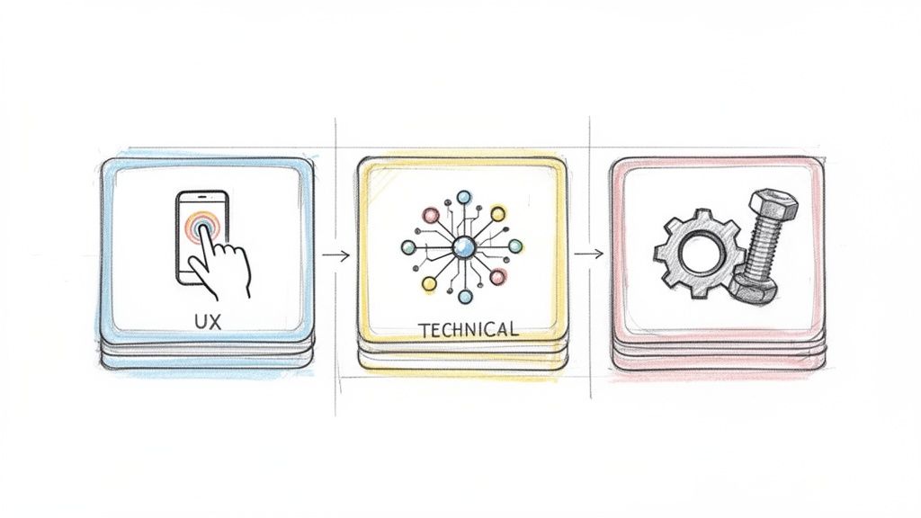 איור תהליך פיתוח הכולל שלבי חווית משתמש (UX), היבטים טכניים ויישום פיזי.