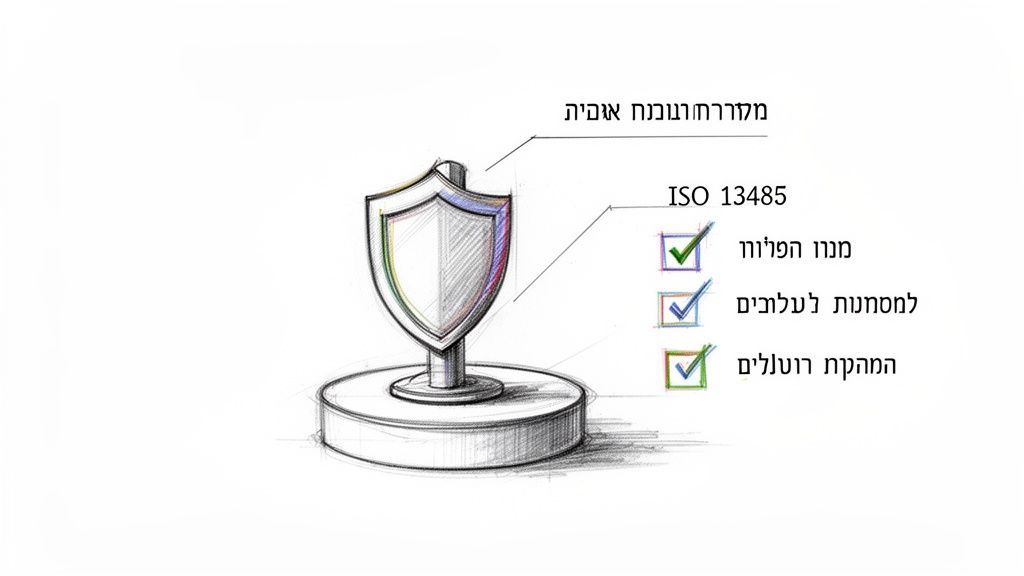 איור של מגן סכמטי המייצג תקנים, עם טקסט המציין ISO 13485 ויתרונותיו בניהול פיתוח, למוצרים רפואיים והתאמה רגולטורית.