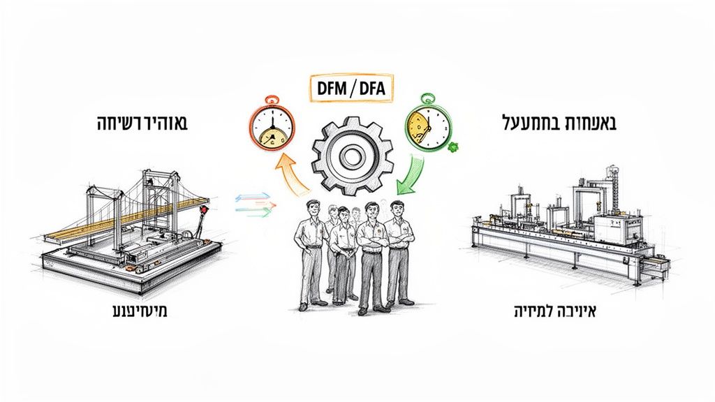 איור המציג את תהליך DFM/DFA: פישוט עיצוב מוצר מורכב לייצור יעיל וחיסכון בזמן.