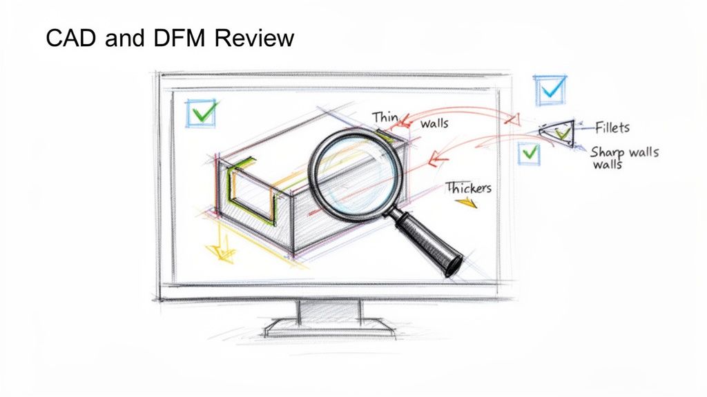 איור של מסך מחשב המציג מודל תלת-ממדי תחת זכוכית מגדלת, לבדיקת CAD ו-DFM עם דגש על עובי קירות ופינות.