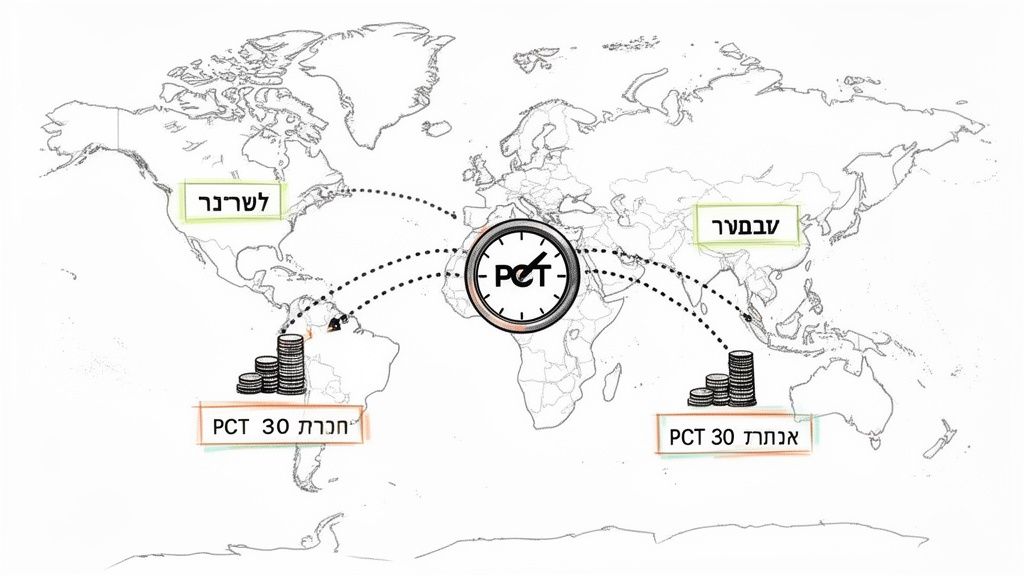 מפת עולם עם שעון PCT במרכז, המקשר להגשת פטנטים גלובלית ואזורית עם עלויות.