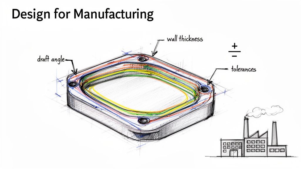 עיצוב לייצור: שרטוט טכני עם זוויות שיפוע, עובי דופן, ומידות סובלנות, יחד עם איור של מפעל.