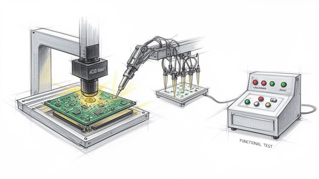 איור תהליך ייצור ובדיקה של מעגלים מודפסים, כולל רובוט AOI, מולטיסנאפ ובדיקה פונקציונלית.