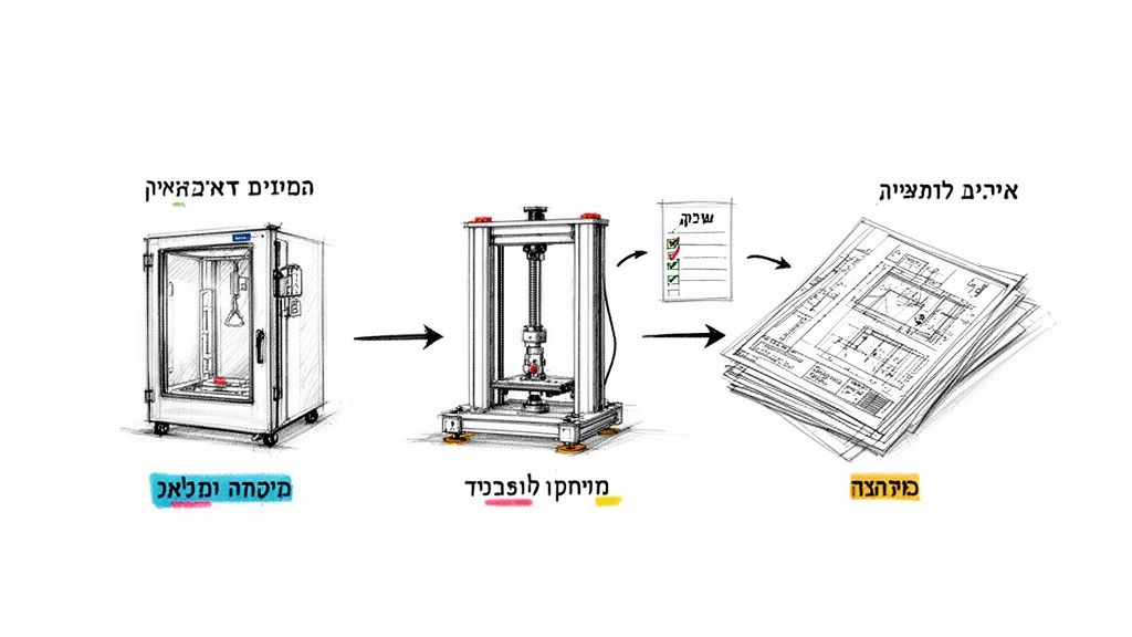 איור תרשים זרימה המציג את תהליך הפיתוח והבדיקה: ממחקר ומיפוי, דרך בדיקות חומרים, ועד לאישורים ותוכניות ייצור.