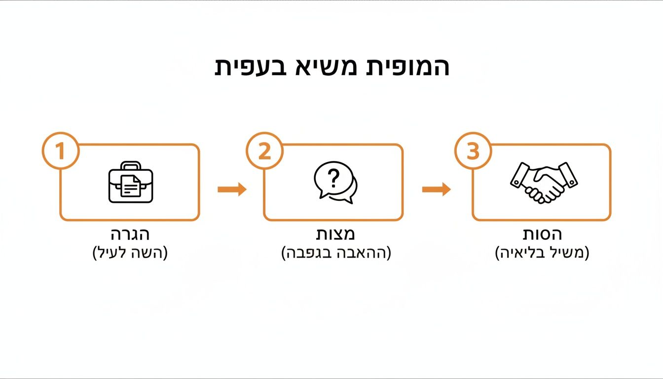 תרשים תהליך בן שלושה שלבים: הגשת מקרה (תיק), שלב בירור ושאלות (סימן שאלה), ופתרון בהסכמה (לחיצת ידיים).