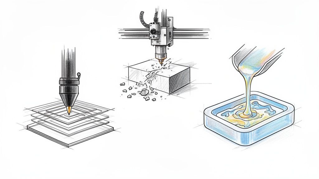 איור המציג שלוש שיטות שונות לייצור אב טיפוס: הדפסת תלת מימד, כרסום CNC ויציקה.