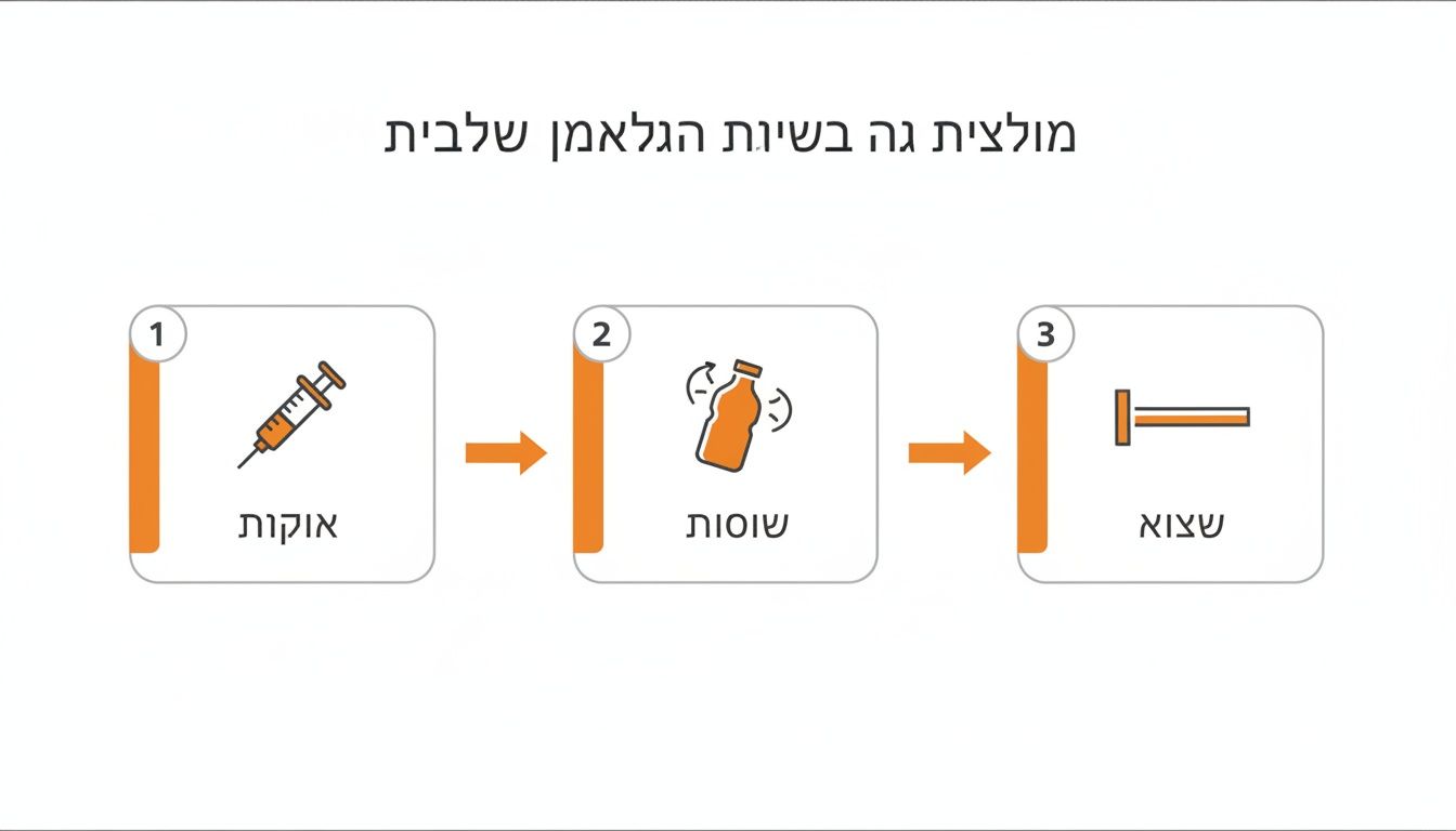 איור תהליך תלת-שלבי: מזרק למדידה, בקבוק לערבוב, ורכיב סופי בצורת T.