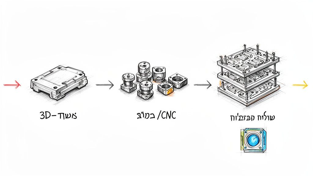 איור תהליך ייצור הכולל הדפסת תלת מימד, עיבוד שבבי CNC, והרכבת תבניות לייצור חלקים.
