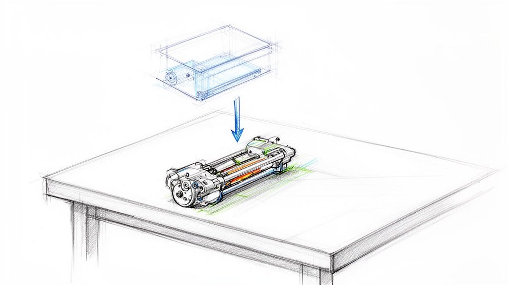 שרטוט טכני של חלק מכונה או סורק המונח על שולחן, עם דיאגרמת תלת מימד מעליו.