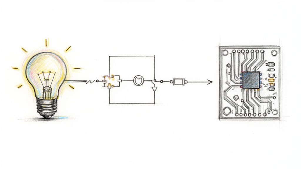 איור של נורה דולקת המתחברת למעגל חשמלי ומשם ללוח מעגל מודפס (PCB) עם שבב.