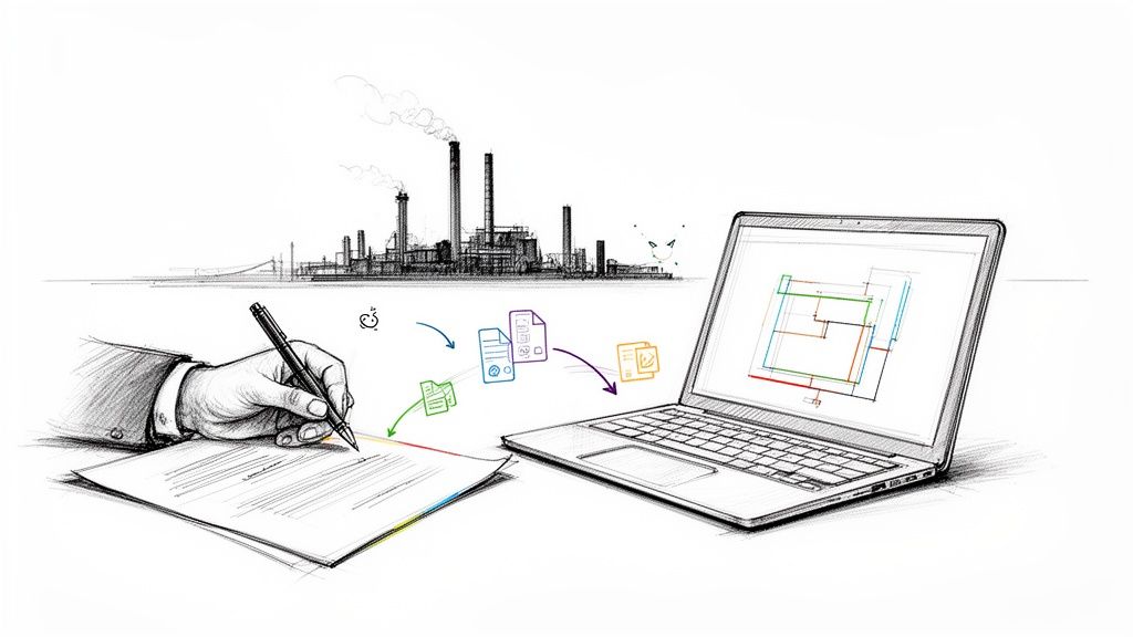 יד חותמת על מסמך, תהליך דיגיטציה ושרטוט טכני על מחשב נייד, עם מפעל תעשייתי ברקע.