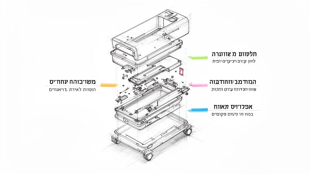 איור מפורט של מכשיר רפואי נייד במבט מפורק, המציג את רכיביו הפנימיים והחיצוניים השונים.