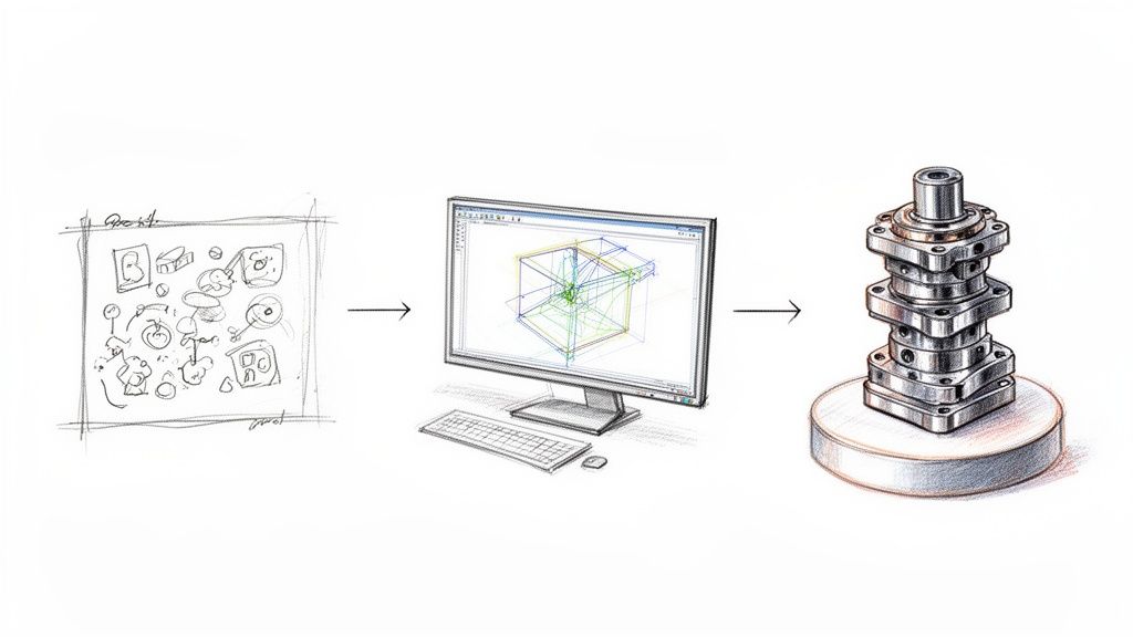 איור תהליך פיתוח מוצר: מסקיצות רעיוניות, דרך תוכנת CAD, ועד לחלק מוגמר ב-CNC.