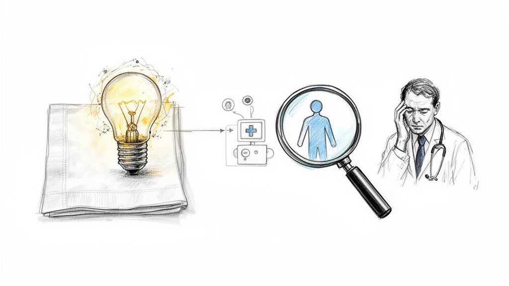 איור תהליך פיתוח רפואי: מרעיון של נורה, דרך ניתוח מטופל, עד לפתרון עבור רופא.