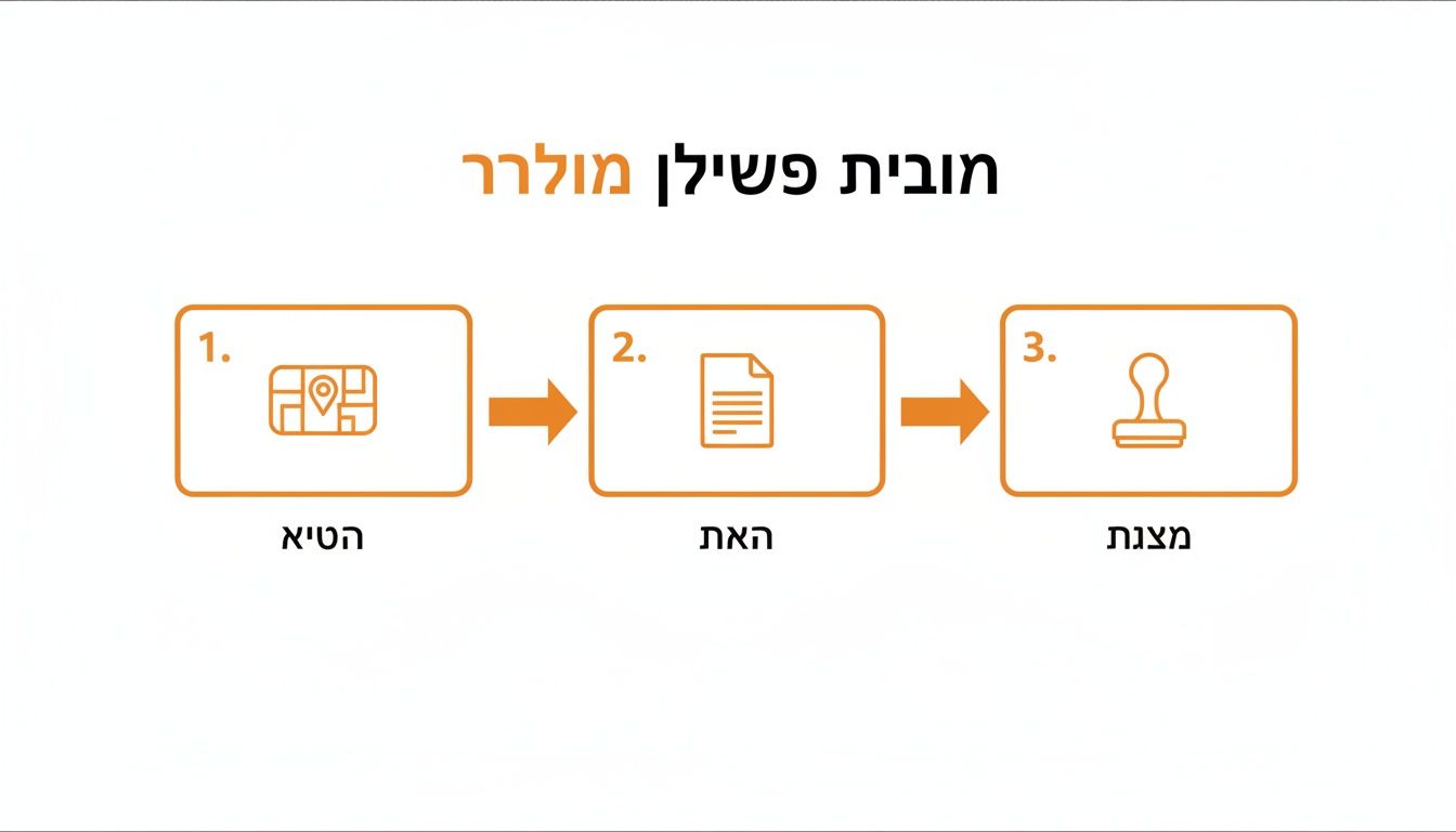 דיאגרמה תלת-שלבית של תהליך. שלב 1: מפה (הטיה). שלב 2: מסמך (האת). שלב 3: חותמת (מצגת). כותרת: מוביט פשילן מולרר.
