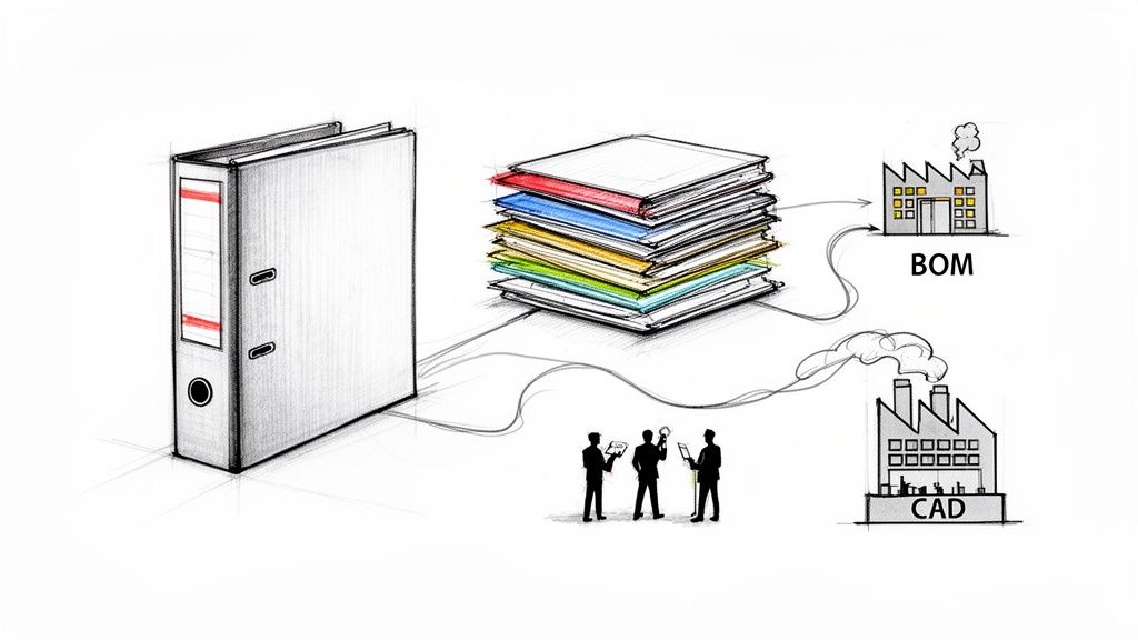 איור של קלסר, ערימת מסמכים, אנשים, ומפעלי BOM ו-CAD המחוברים, הממחיש זרימת מידע ותהליכי פיתוח וייצור.