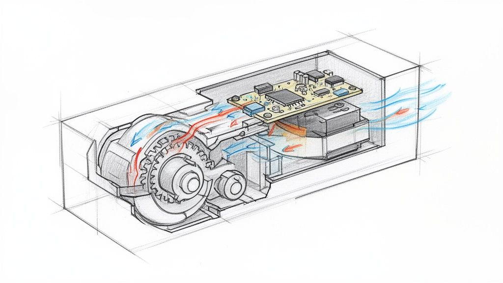 איור חתך של מכשיר אלקטרוני קומפקטי המציג מעגל מודפס, גלגלי שיניים וזרימת אוויר מקורר ומחומם בפנים.