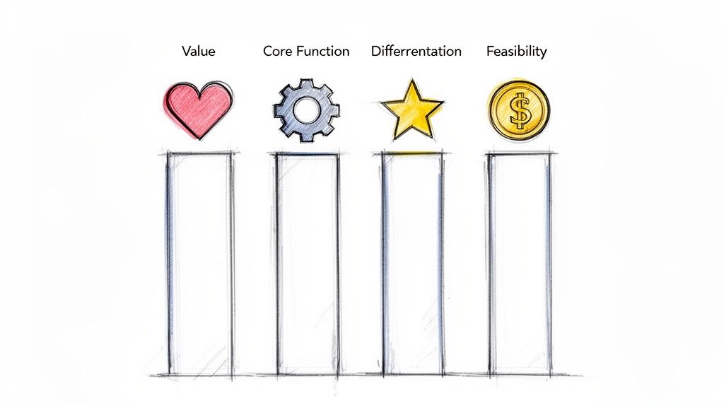 דיאגרמה קונספטואלית המציגה ארבעה עמודי מפתח: ערך, פונקציית ליבה, בידול וישימות, עם אייקונים.