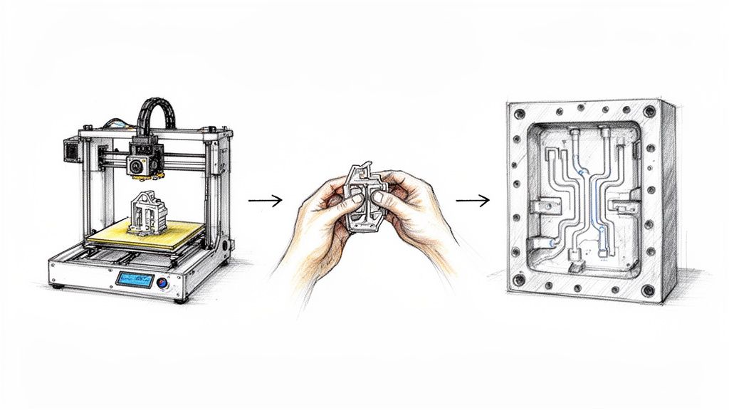 איור המציג תהליך פיתוח מוצרי פלסטיק הכולל הדפסת תלת מימד ויצירת תבנית.