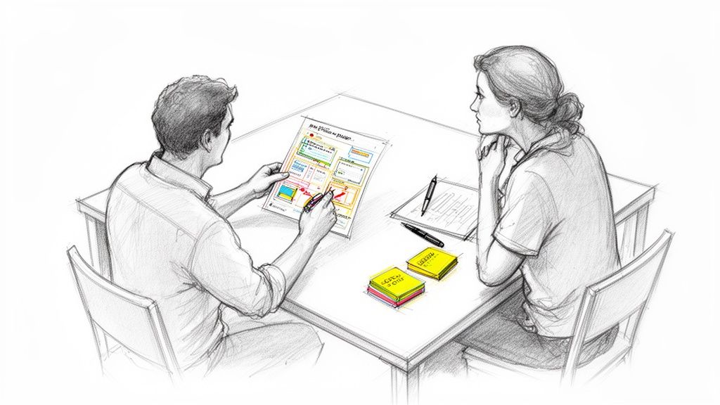 שני אנשים יושבים סביב שולחן, דנים במסמך עם תרשימים, עטים ופתקיות דביקות, בפגישת עבודה משותפת.