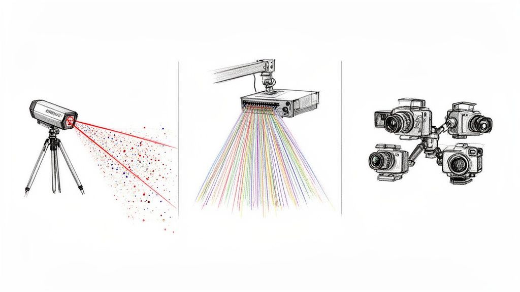 איור של שלוש שיטות סריקת תלת מימד: מכשיר לייזר, מקרן קווי אור צבעוניים ומערך ארבע מצלמות.
