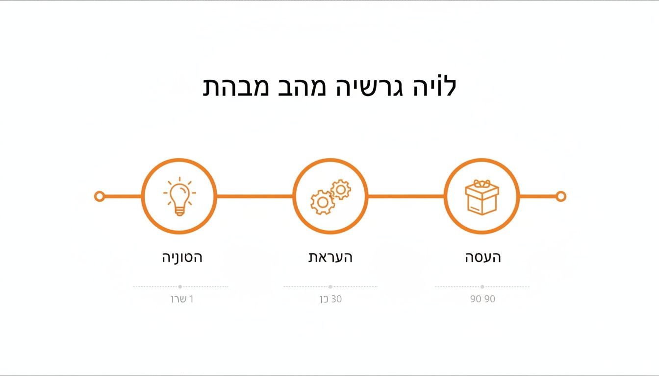 דיאגרמת תהליך המציגה שלושה שלבים: רעיון (נורה), ביצוע (גלגלי שיניים) ותוצאה (מתנה).