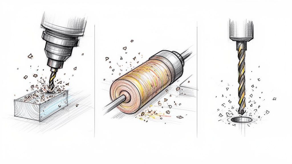 שלושה איורים מפורטים של תהליכי קידוח ועיבוד שבבי, כולל מקדח חודר עץ ועיבוד גליל.