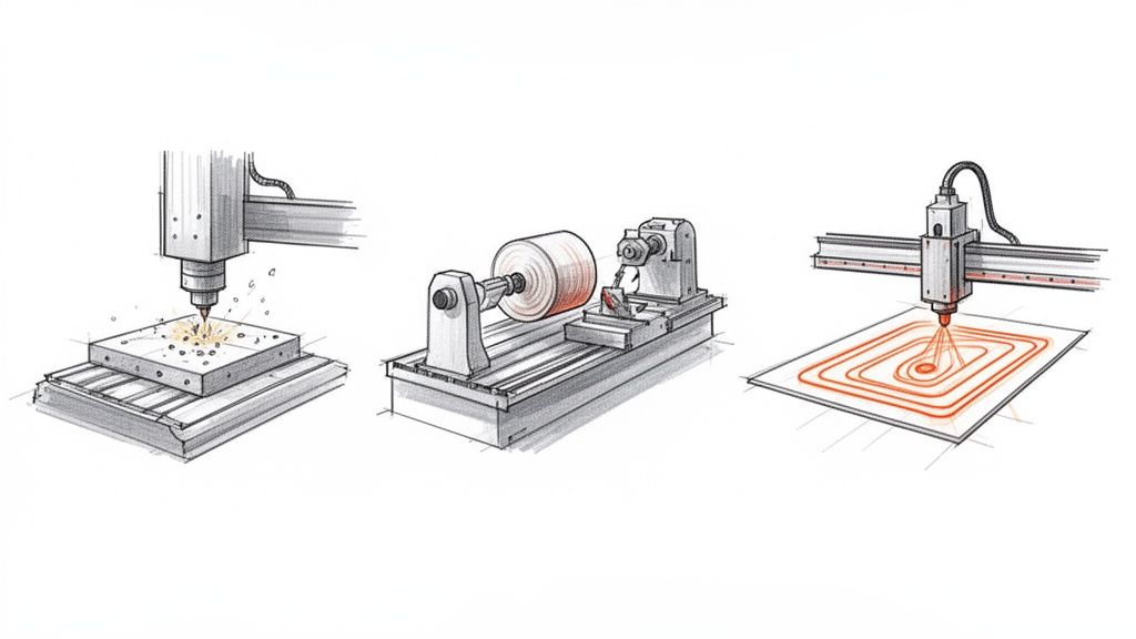 שלושה איורים של מכונות CNC שונות: כרסום, חריטה, וחיתוך בלייזר, המציגות תהליכי ייצור ממוחשבים.