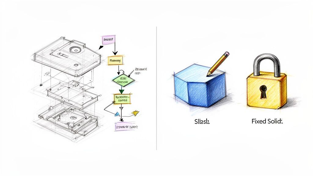 שרטוט תלת מימדי מפורק, תרשים זרימה של תהליך, קובייה כחולה עם עיפרון ומנעול זהב.