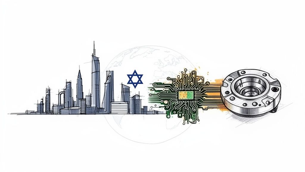 מבנים מודרניים, סמל ישראל, שבב אלקטרוני ורכיב מכני, המייצגים טכנולוגיה ותעשייה.