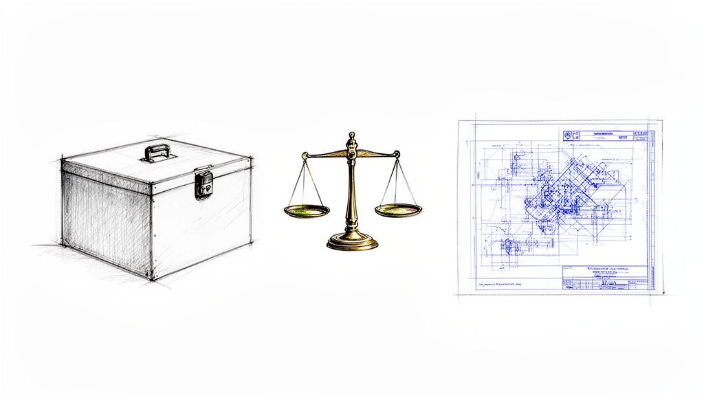 איור של תיבה סגורה, מאזניים עם קערות ריקות, ותוכנית בנייה כחולה על רקע לבן.