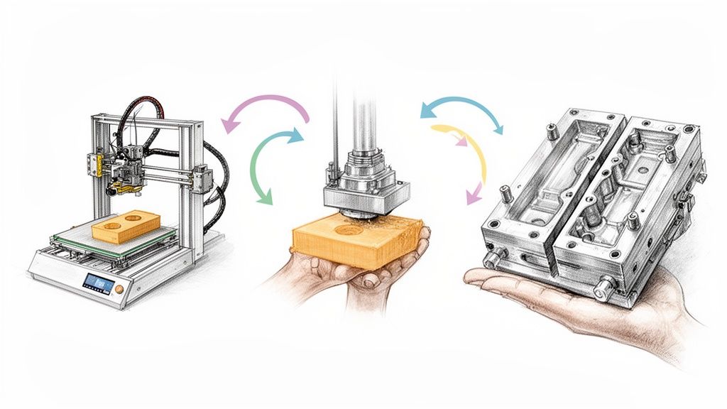 תהליך ייצור ופיתוח מוצר הכולל הדפסת תלת מימד, כרסום CNC ויצירת תבנית הזרקה.