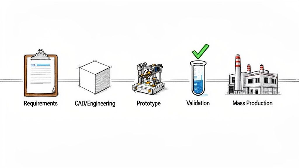 תרשים המתאר את שלבי פיתוח מוצר מתכנון דרך אב טיפוס ועד לייצור המוני, כולל אימות ודרישות.
