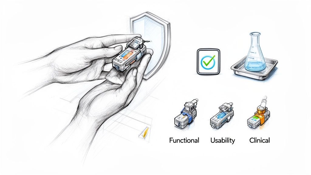 איור של ידיים מחזיקות אב טיפוס של מכשיר רפואי, מגן, ציוד מעבדה, ושלבי פיתוח: פונקציונלי, שימושי וקליני.