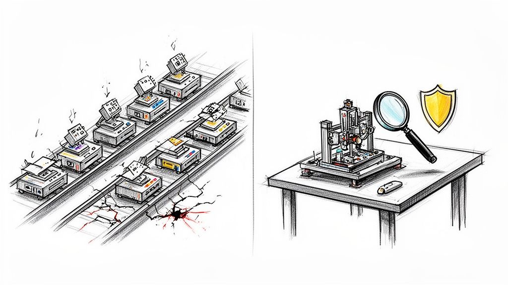 איור המתאר כשלים בקו ייצור לצד בדיקה קפדנית של אב טיפוס ואבטחת איכות.