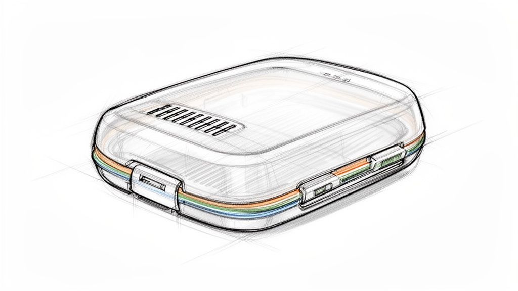 איור סקיצה של קופסת אחסון ניידת עם חוצצים צבעוניים ותאים נפרדים