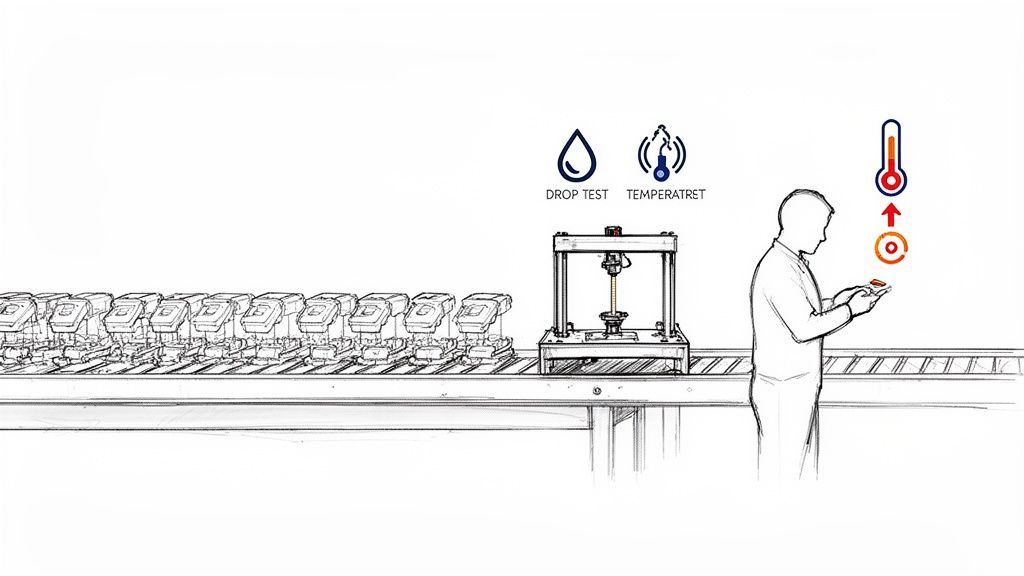 איור של תהליך ייצור תעשייתי, עם בדיקות איכות קפדניות כמו מבחן נפילה ובקרת טמפרטורה, וניטור עובדים.