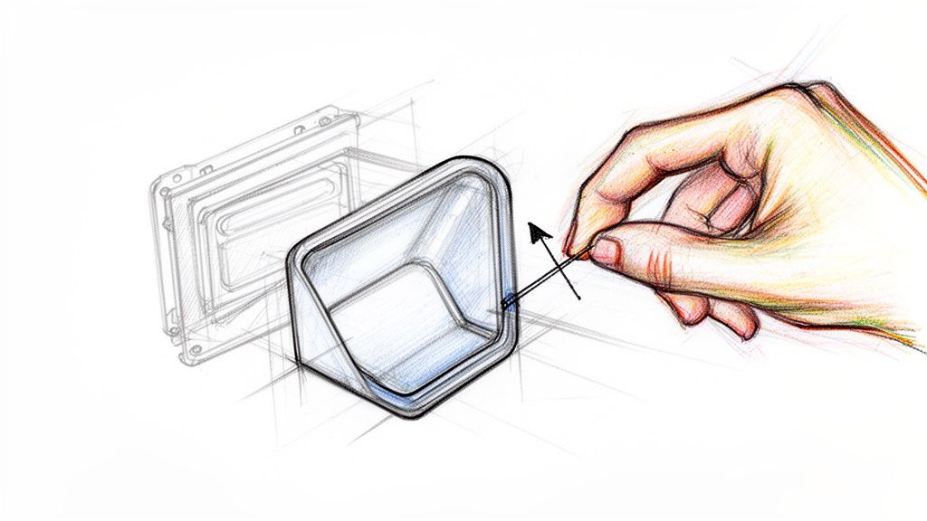 שרטוט תלת מימדי צבעוני של יד המחזיקה מיכל שקוף, עם חצים המציינים תנועה ורקע עיצובי.