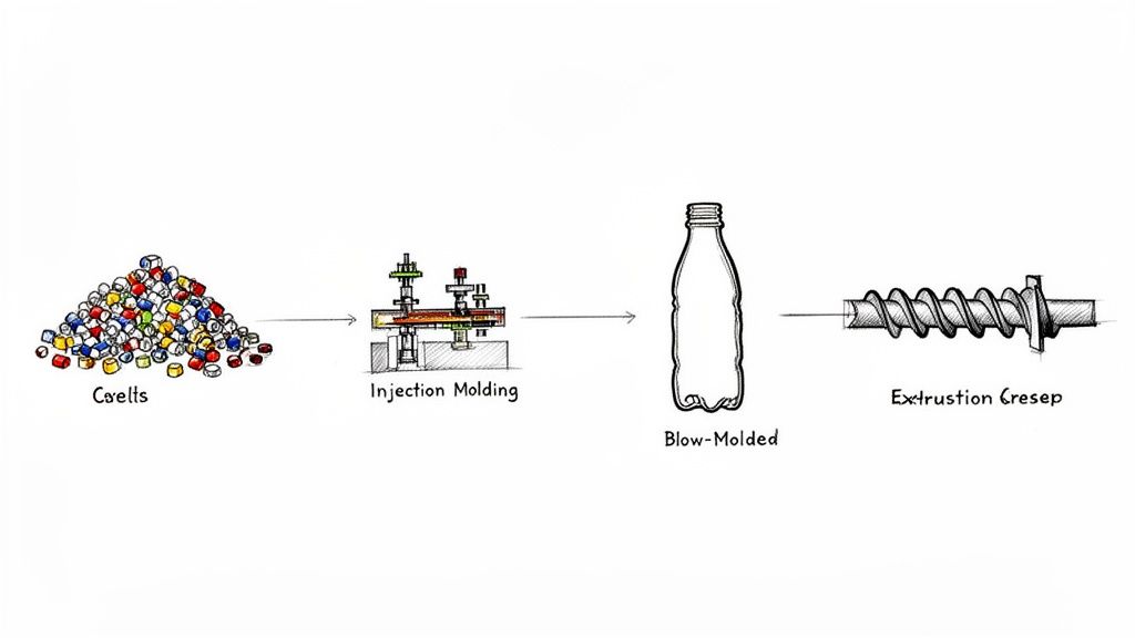 התמונה מציגה את שלבי ייצור בקבוקי פלסטיק, מגרגירים דרך הזרקה, ניפוח ובורג אקסטרוזיה.