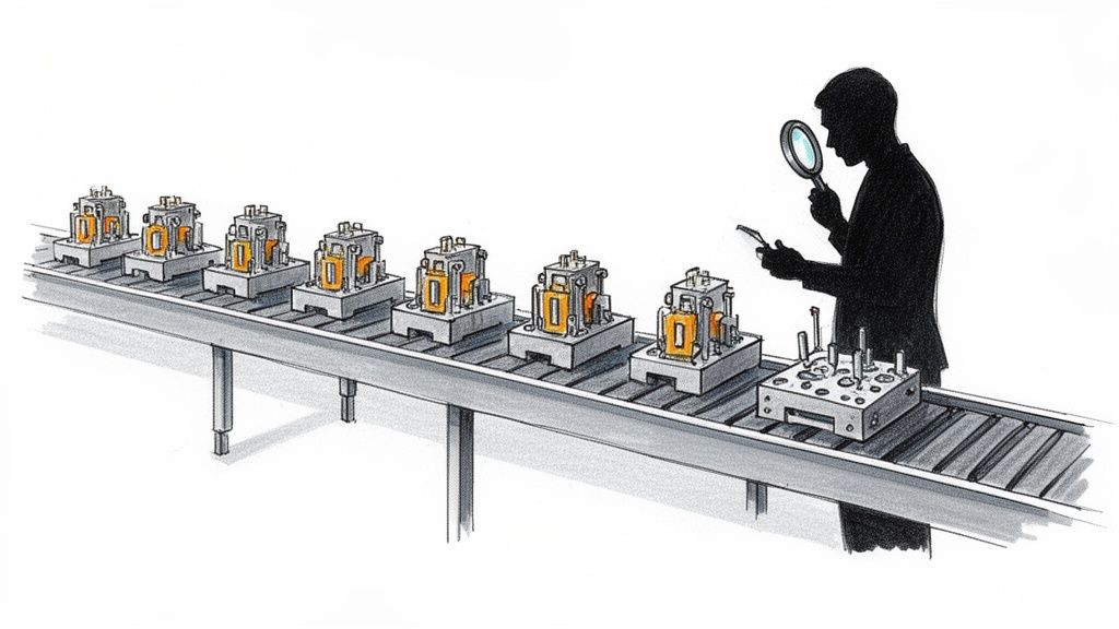 איש בודק רכיבים תעשייתיים על פס ייצור, מנתח נתונים בטאבלט ומחזיק זכוכית מגדלת.