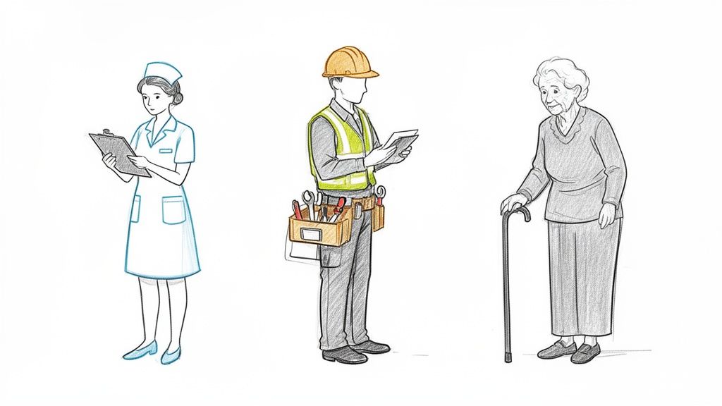 איור של שלושה אנשים: אחות עם קליפבורד, עובד בניין עם קסדה וכלי עבודה, ואישה מבוגרת עם מקל הליכה.