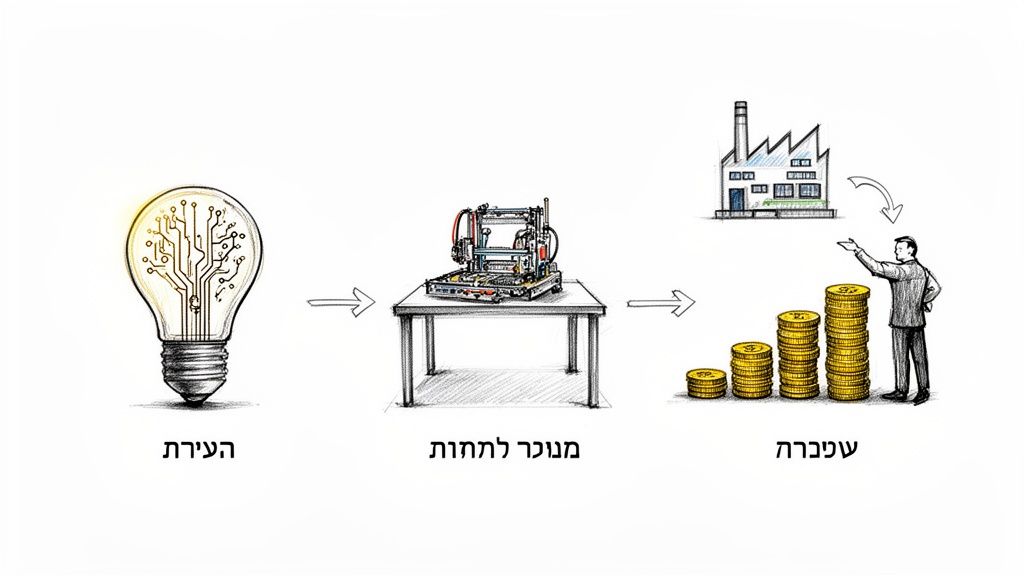 איור המציג תהליך מהמצאה (נורה עם מעגל מודפס) לייצור (מדפסת תלת מימד) ועד לרווח כלכלי (מפעל וכסף).