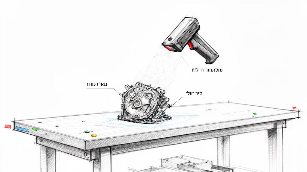 סורק תלת מימד ידני סורק חלק מכני מורכב המונח על שולחן עבודה עם נקודות ייחוס.