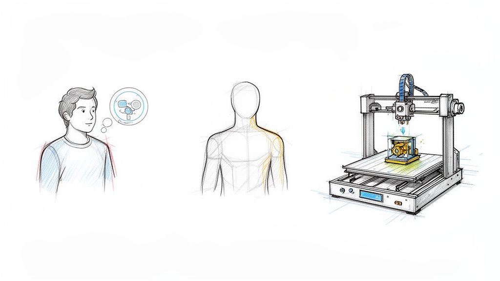 איור המתאר רעיונות, גוף אדם ומדפסת תלת מימד יוצרת אב טיפוס מותאם אישית.