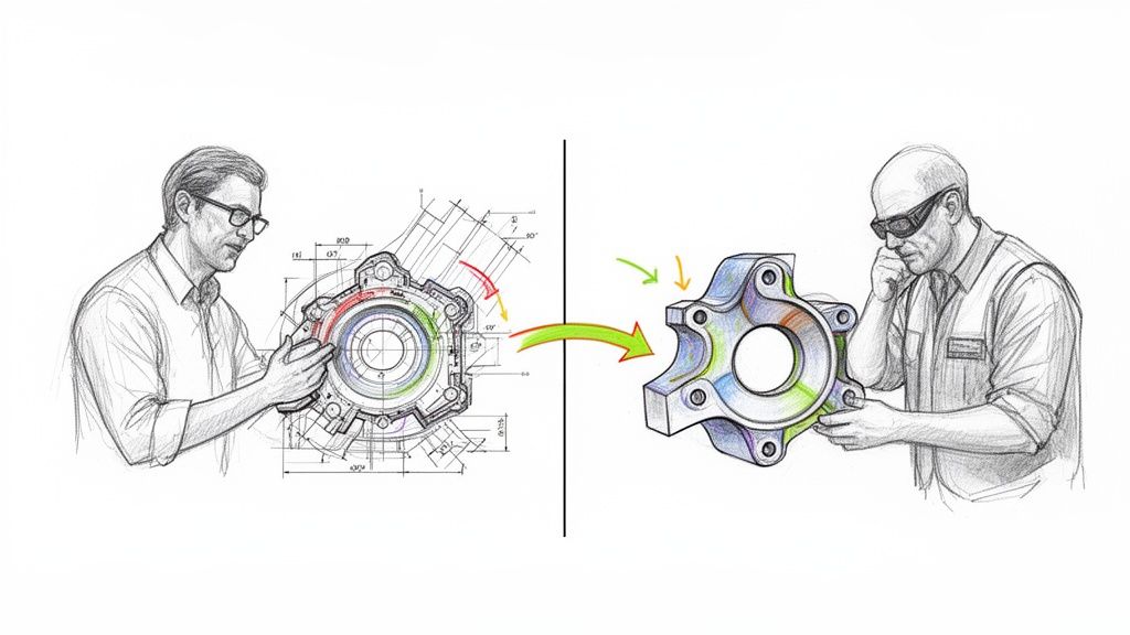 מהנדסים בוחנים שרטוט טכני ומודל תלת-ממדי של חלק מכני, הממחיש תהליכי תכנון וייצור.