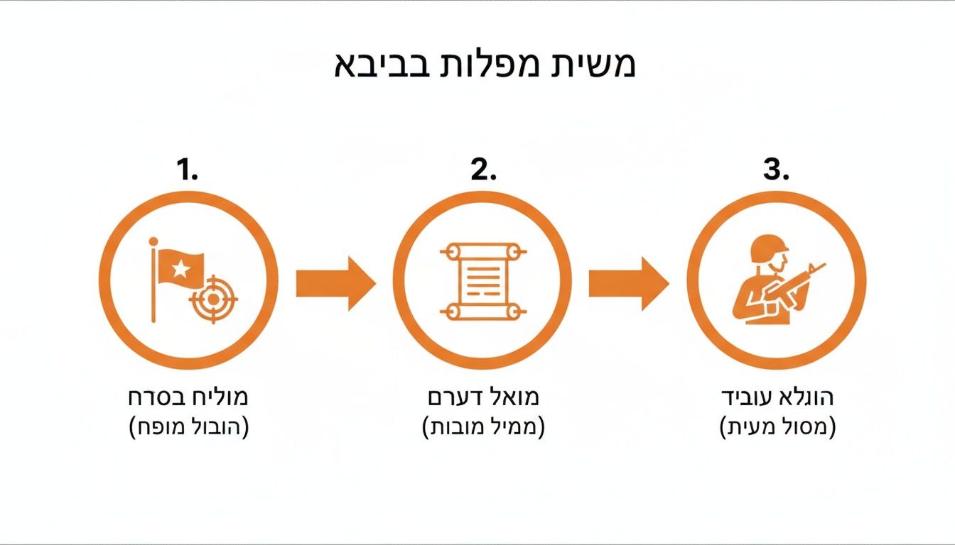 תרשים זרימה שלבי ביצוע משימה צבאית: הגדרת יעד, איסוף מודיעין וביצוע על ידי חייל.