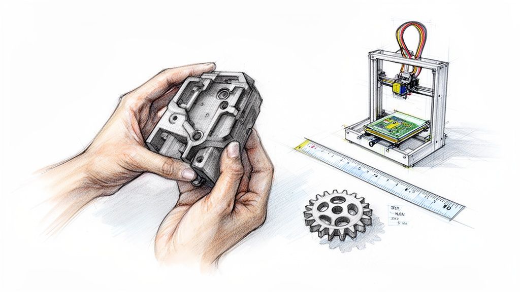 איור של ידיים אוחזות בחלק מכני מורכב, לצד מדפסת תלת מימד קטנה, סרגל וגלגל שיניים, הממחיש פיתוח מוצר.