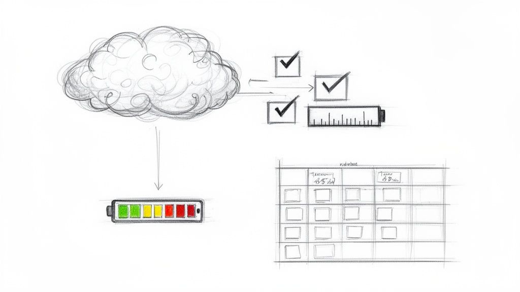 איור של ענן מחשוב, משימות מסומנות, סרגל התקדמות בצורת סוללה וטבלת תכנון, המדגימים תהליכים וניהול.