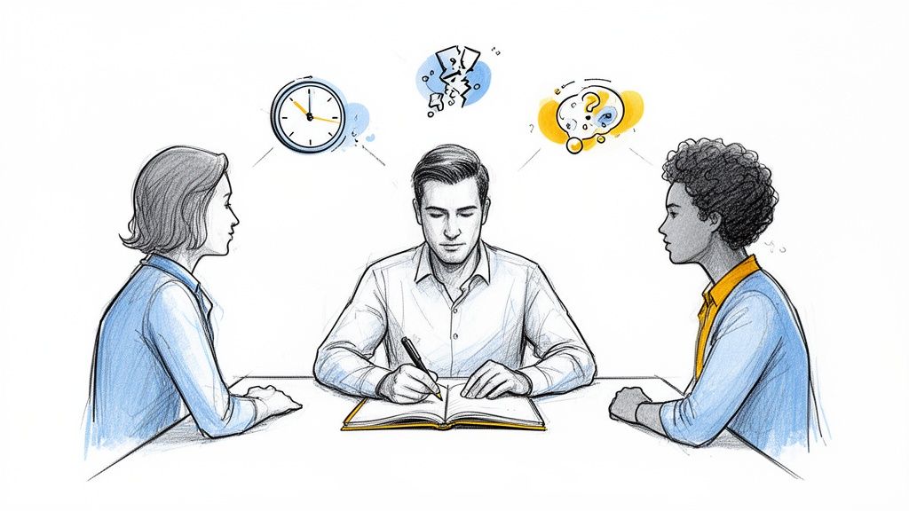 איור של שלושה אנשים סביב שולחן, מפתחים רעיונות. מעליהם סמלים של זמן, אתגרים ושאלות.