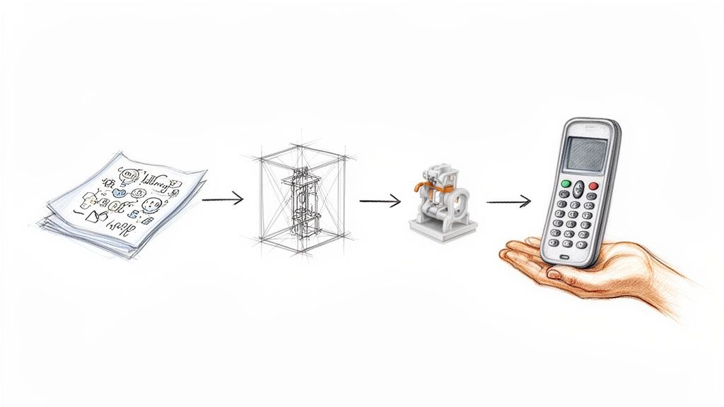 איור המציג תהליך פיתוח מוצר, החל מרעיונות ראשוניים על נייר, דרך שרטוטים תלת ממדיים ומודלים, ועד למוצר סופי ביד.